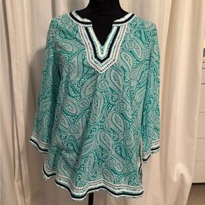Talbots Teal Paisley Split V-Neck Tunic